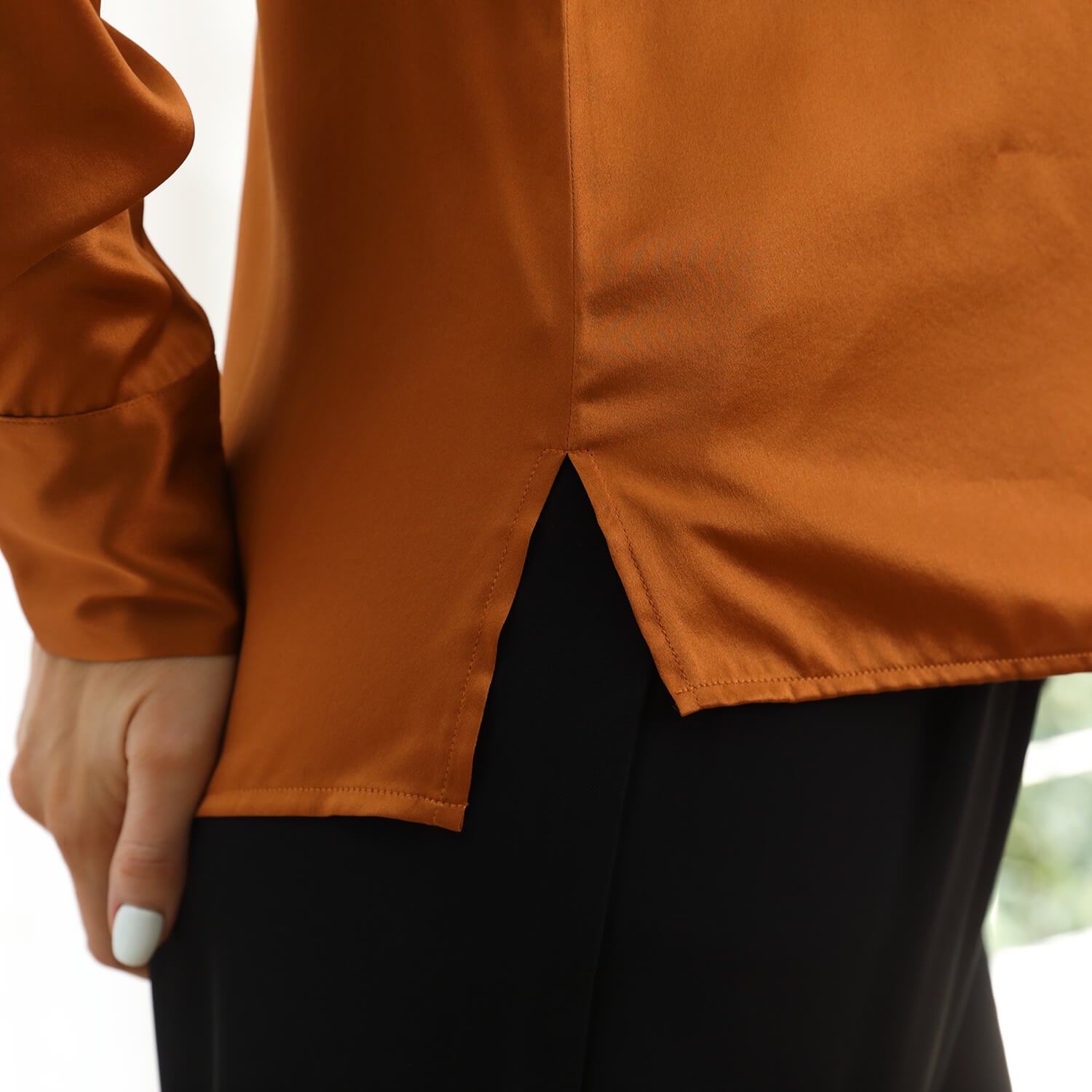 V Neck & Ribbon Silk Blouse For Women Long Sleeves Silk Shirt Orange XS
