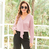 V Neck & Ribbon Silk Blouse For Women Long Sleeves Silk Shirt Rosy Pink XS