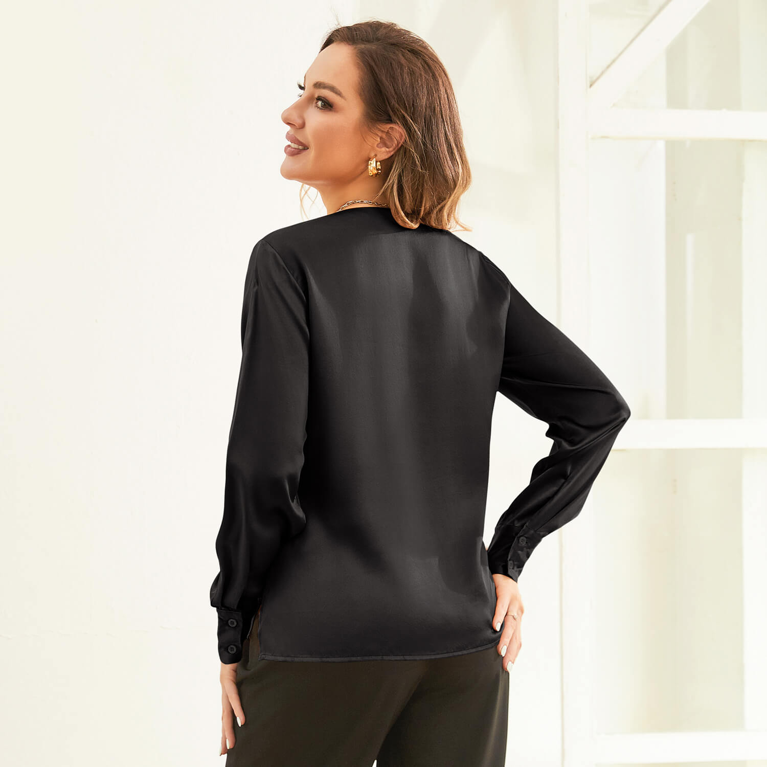 V Neck & Ribbon Silk Blouse For Women Long Sleeves Silk Shirt Black XS