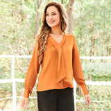 V Neck & Ribbon Silk Blouse For Women Long Sleeves Silk Shirt Orange XS