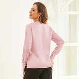 V Neck & Ribbon Silk Blouse For Women Long Sleeves Silk Shirt Rosy Pink XS