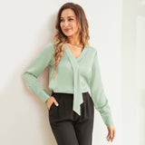 V Neck & Ribbon Silk Blouse For Women Long Sleeves Silk Shirt Light Green XS