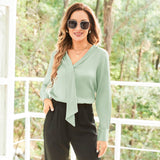 V Neck & Ribbon Silk Blouse For Women Long Sleeves Silk Shirt Light Green XS