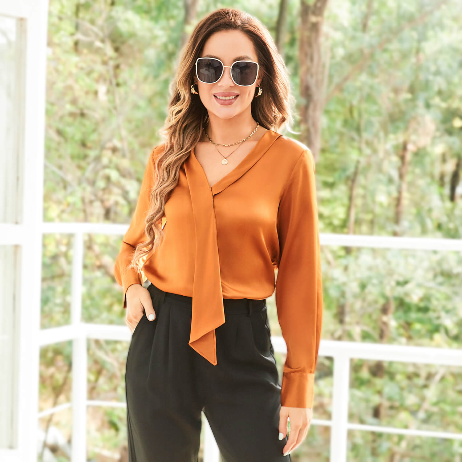 V Neck & Ribbon Silk Blouse For Women Long Sleeves Silk Shirt Orange XS