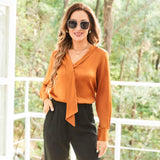 V Neck & Ribbon Silk Blouse For Women Long Sleeves Silk Shirt Orange XS