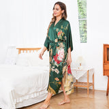 Women Luxury Long 100% Mulberry Vintage Floral Print Silk Kimono Robe