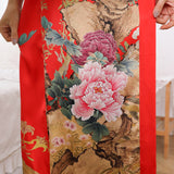 Women Luxury Long 100% Mulberry Vintage Floral Print Silk Kimono Robe