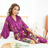 Women Luxury Long 100% Mulberry Vintage Floral Print Silk Kimono Robe