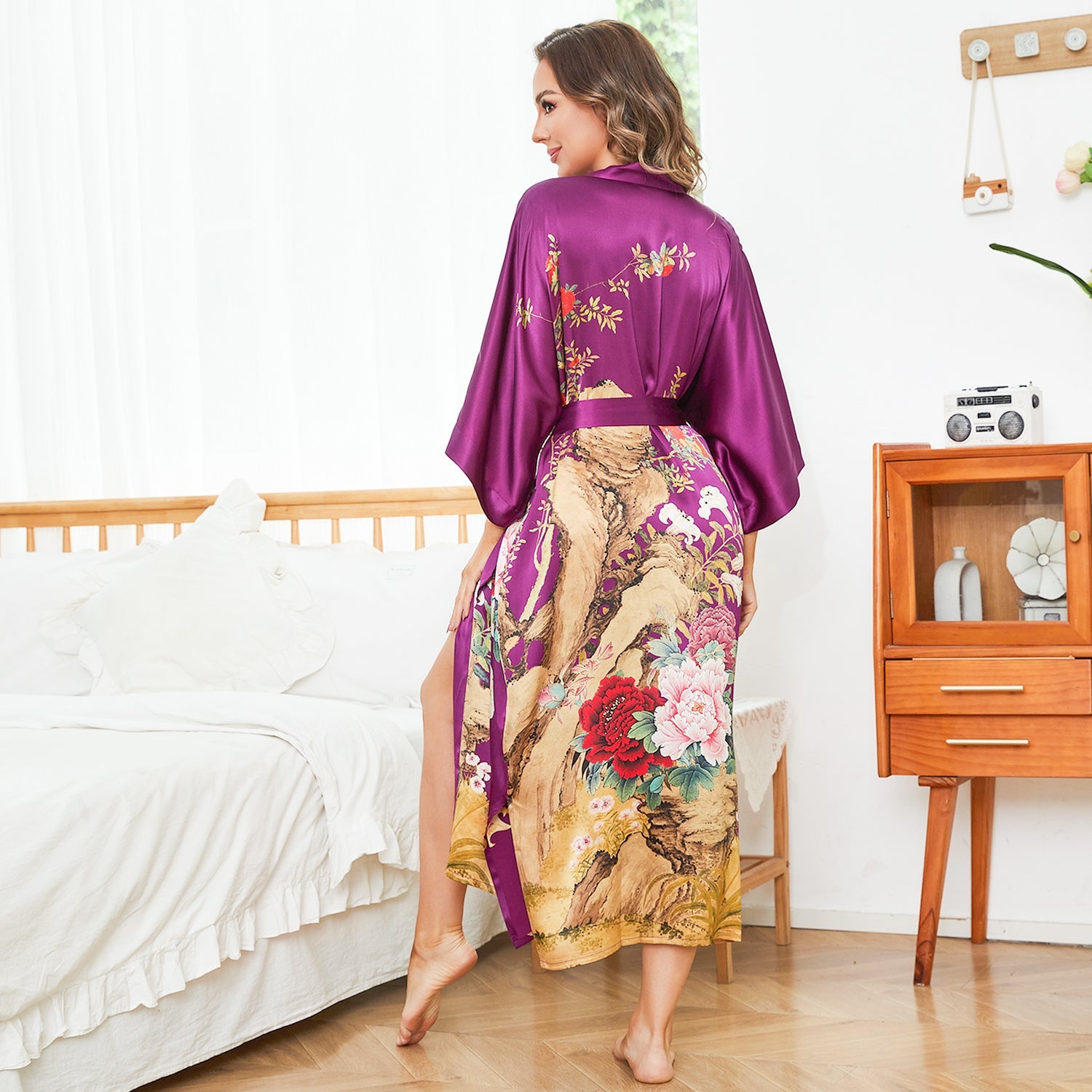 Women Luxury Long 100% Mulberry Vintage Floral Print Silk Kimono Robe