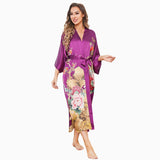 Women Luxury Long 100% Mulberry Vintage Floral Print Silk Kimono Robe