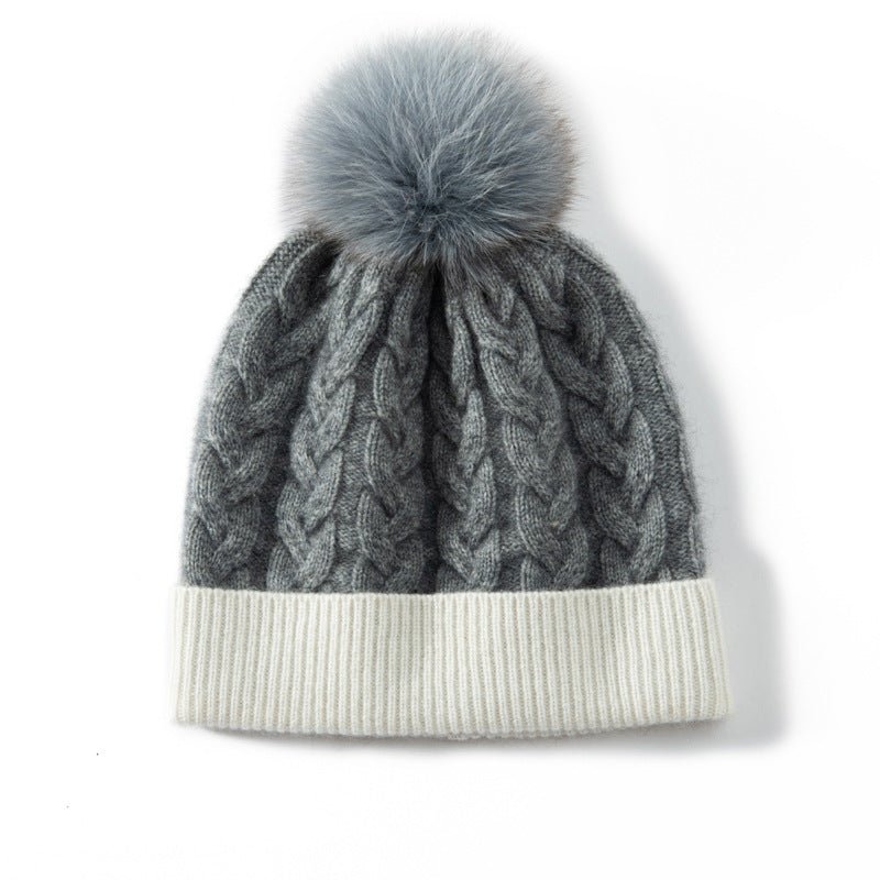 Pure Cashmere Cable Knit Beanie With Fur Pom Ribbed Cashmere Hat Gray M