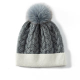Pure Cashmere Cable Knit Beanie With Fur Pom Ribbed Cashmere Hat Gray M