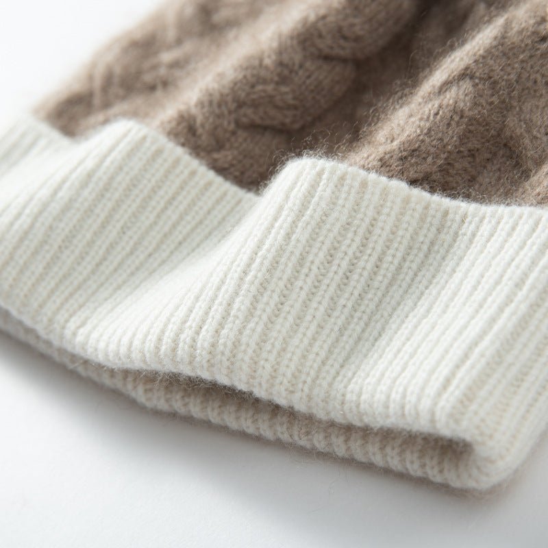Pure Cashmere Cable Knit Beanie With Fur Pom Ribbed Cashmere Hat Taupe M