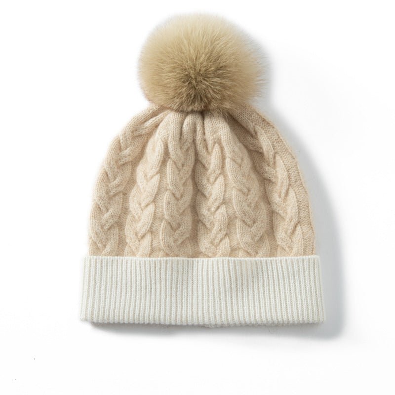 Pure Cashmere Cable Knit Beanie With Fur Pom Ribbed Cashmere Hat Beige M