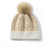 Pure Cashmere Cable Knit Beanie With Fur Pom Ribbed Cashmere Hat Beige M