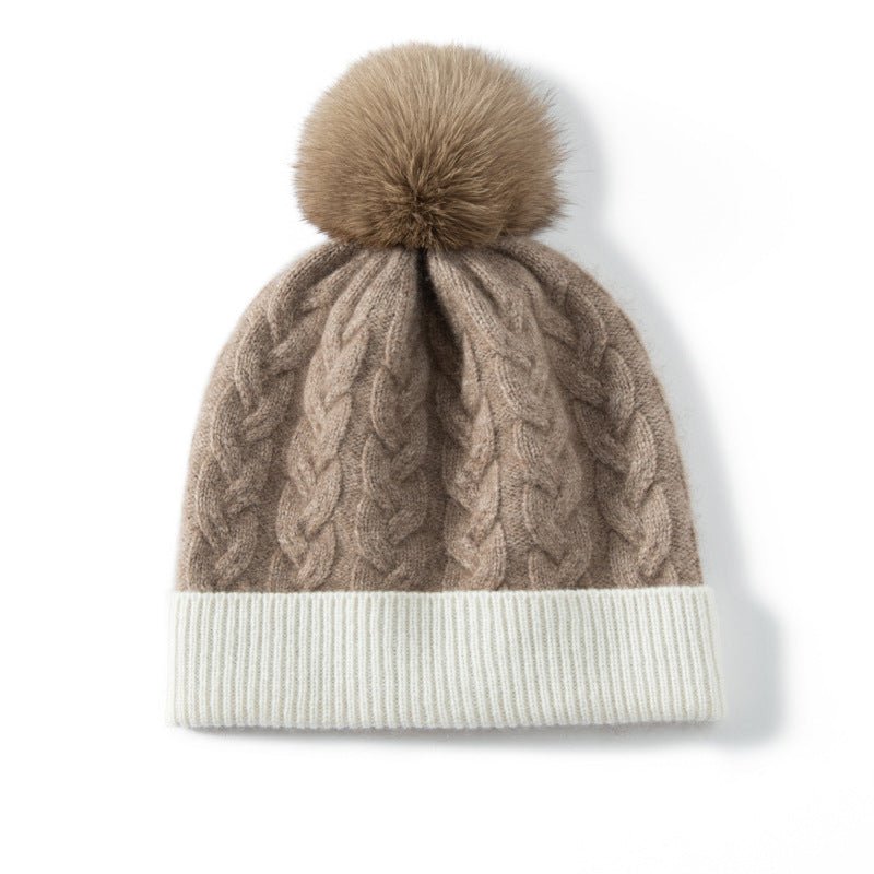 Pure Cashmere Cable Knit Beanie With Fur Pom Ribbed Cashmere Hat Taupe M