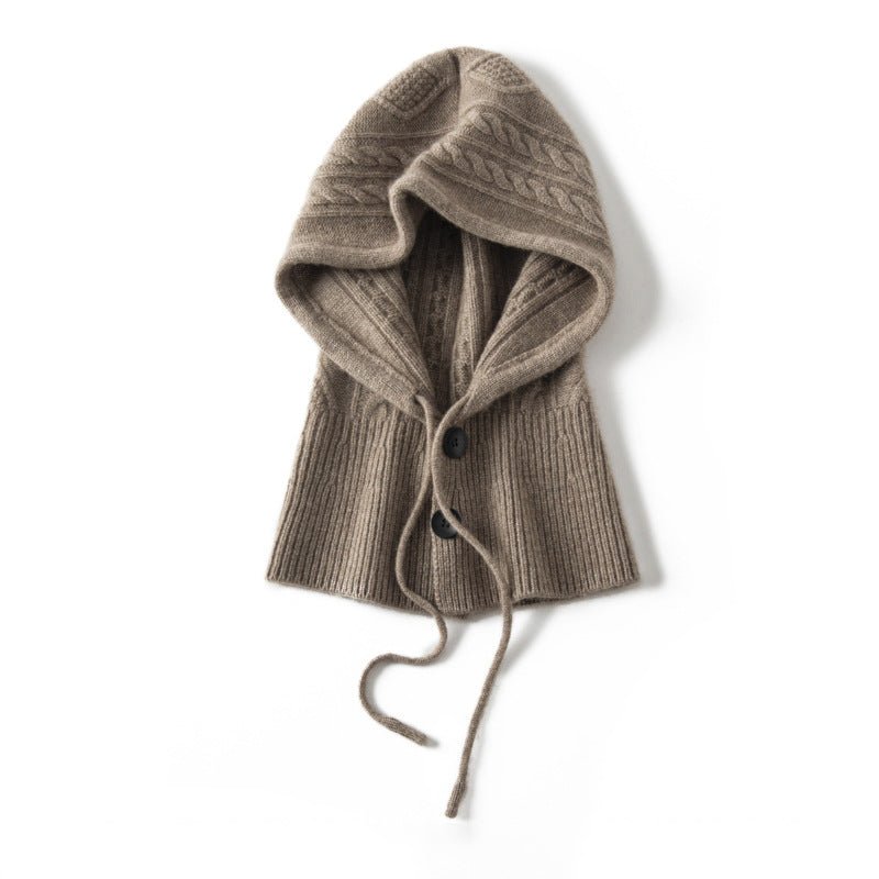 Womens Cashmere Hooded Scarf Soft Warm Drawstring Cashmere Balaclava Taupe M