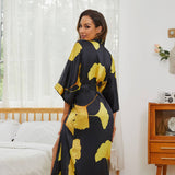 Womens Long Silk Kimono Silk Gown Bold Yellow Leaf Print Kimono Silk Black One size fits most