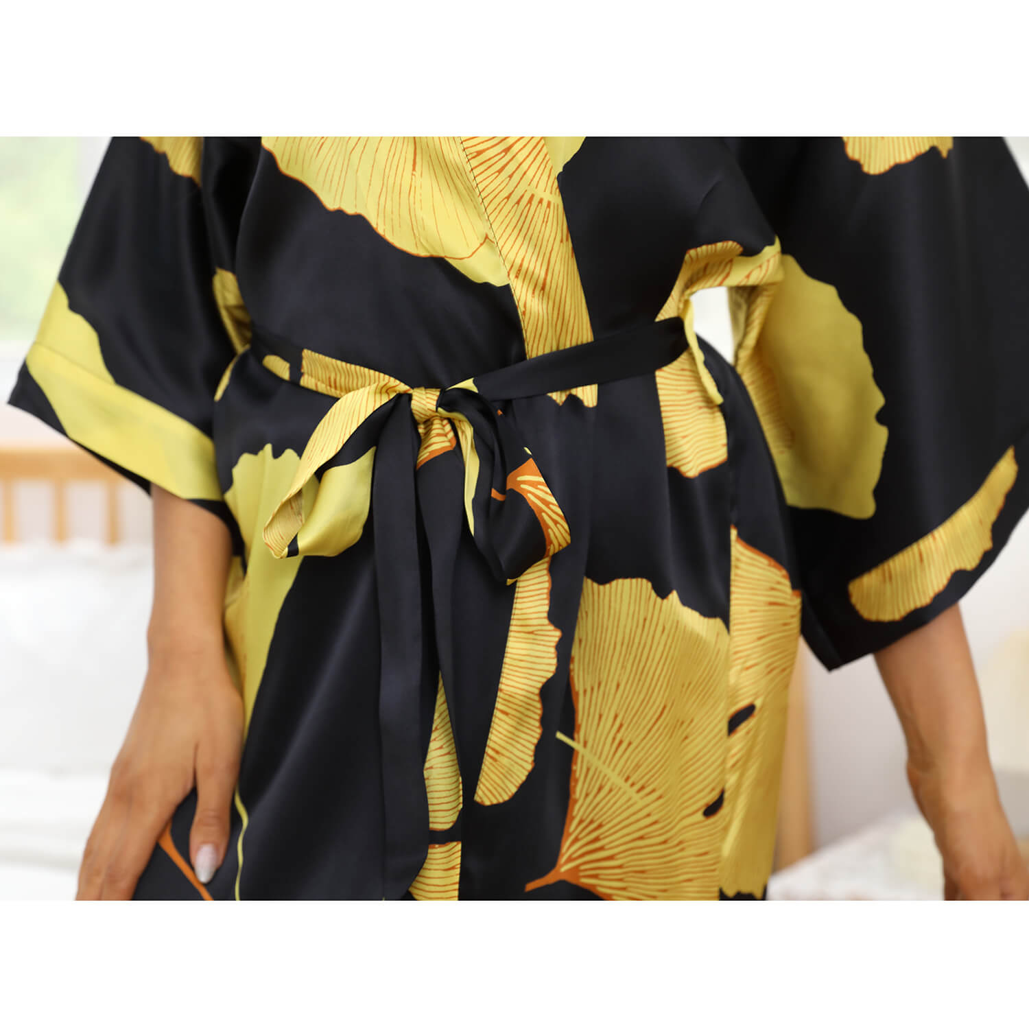 Womens Long Silk Kimono Silk Gown Bold Yellow Leaf Print Kimono Silk Black One size fits most