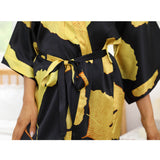 Womens Long Silk Kimono Silk Gown Bold Yellow Leaf Print Kimono Silk Black One size fits most