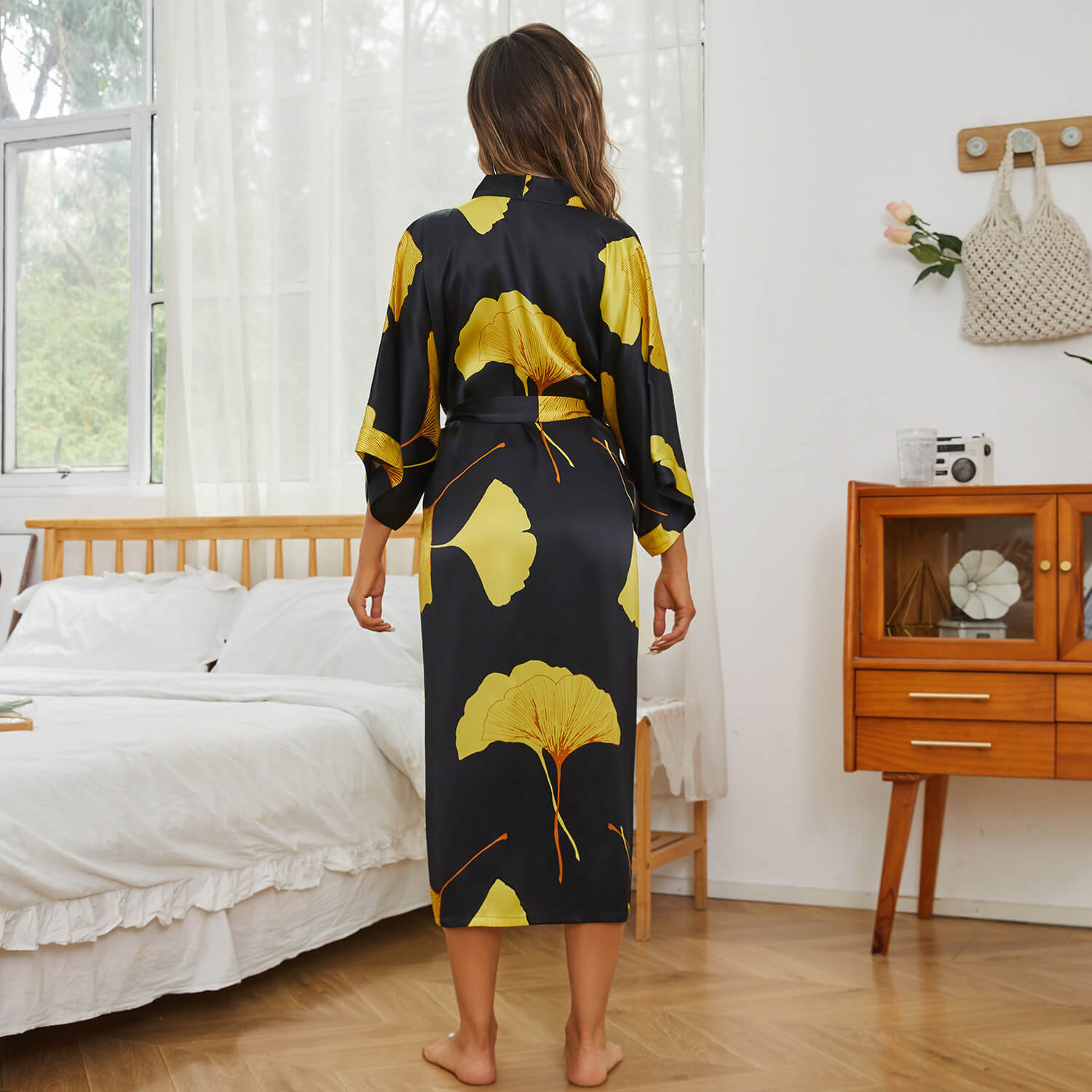 Womens Long Silk Kimono Silk Gown Bold Yellow Leaf Print Kimono Silk Black One size fits most