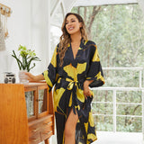 Womens Long Silk Kimono Silk Gown Bold Yellow Leaf Print Kimono Silk Black One size fits most