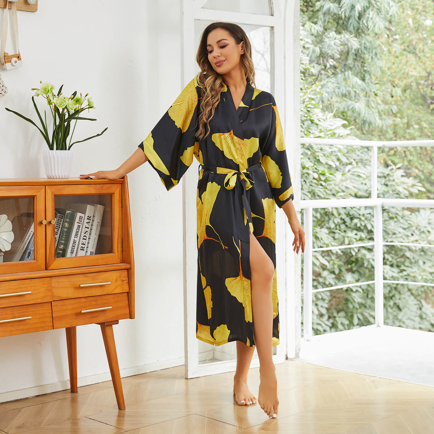 Womens Long Silk Kimono Silk Gown Bold Yellow Leaf Print Kimono Silk Black One size fits most