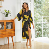 Womens Long Silk Kimono Silk Gown Bold Yellow Leaf Print Kimono Silk Black One size fits most