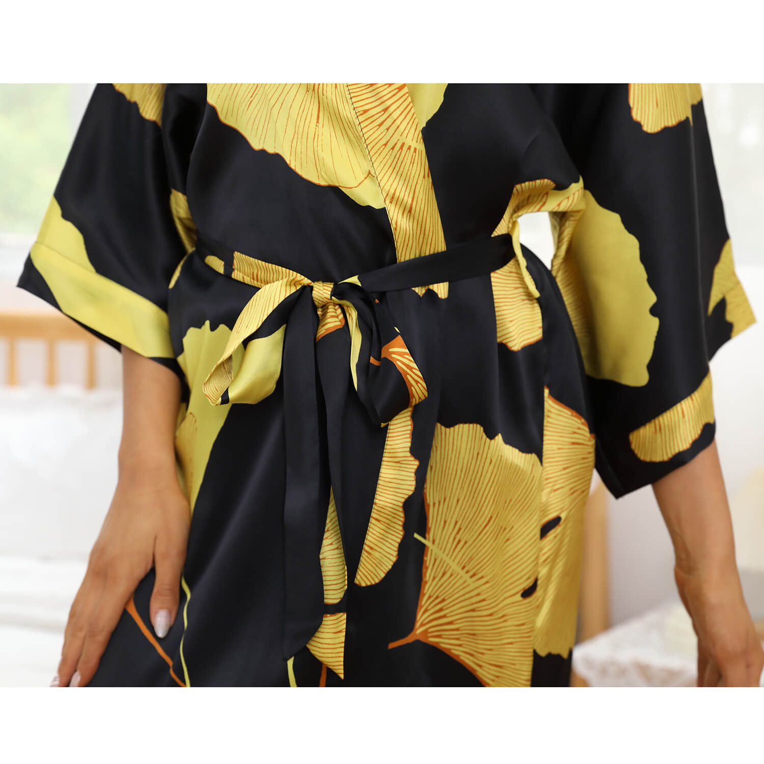 Womens Long Silk Kimono Silk Gown Bold Yellow Leaf Print Kimono Silk Black One size fits most