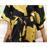 Womens Long Silk Kimono Silk Gown Bold Yellow Leaf Print Kimono Silk Black One size fits most