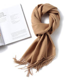Unisex Cashmere Scarf With Fringed Edges Wrap Scarf With Tassel Dark Camel L