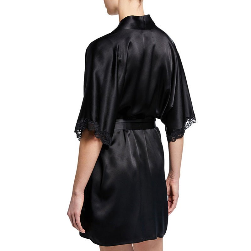 Women Black Mulberry Silk Mid - sleeve Robe With Lace Black XS