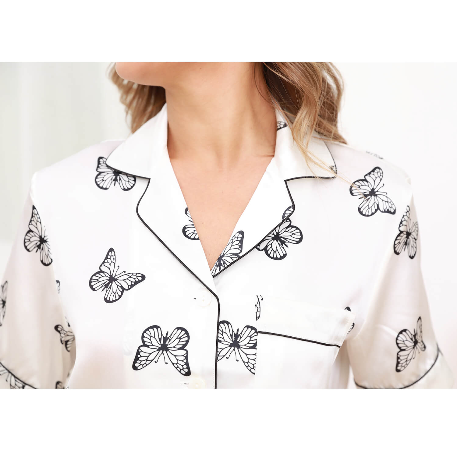 Women Butterfly Print Silk Pajamas Short Silk Sleepwear Set White XS