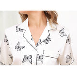 Women Butterfly Print Silk Pajamas Short Silk Sleepwear Set White XS