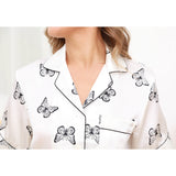 Women Butterfly Print Silk Pajamas Short Silk Sleepwear Set White XS