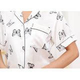 Women Butterfly Print Silk Pajamas Short Silk Sleepwear Set White XS