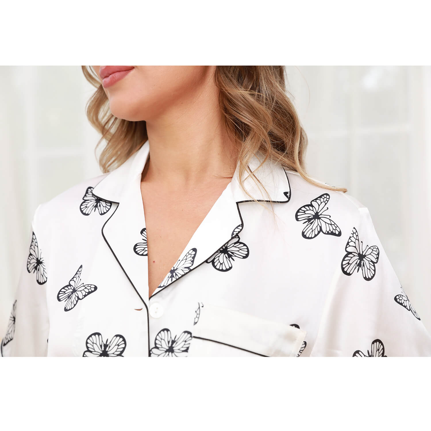 Women Butterfly Print Silk Pajamas Short Silk Sleepwear Set White XS