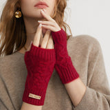 Women Half Finger Cashmere Gloves Warm Knit Fingerless Gloves Red M