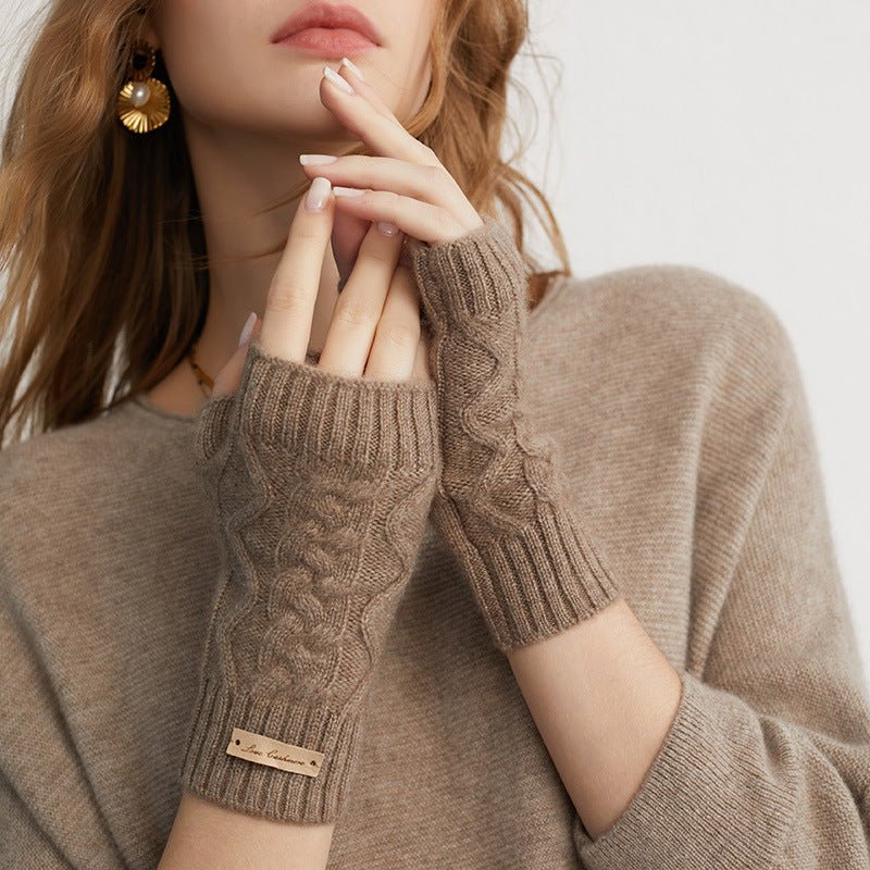 Women Half Finger Cashmere Gloves Warm Knit Fingerless Gloves Taupe M