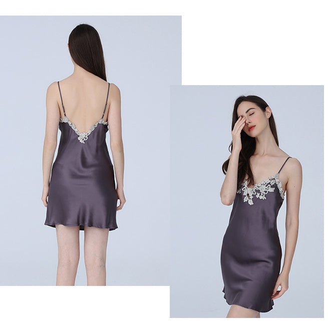 Women Floral Lace Silk Nightgown V Neck Pure Silk Slip Dress Purple Gray XS