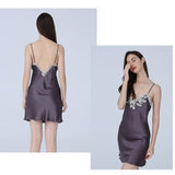 Women Floral Lace Silk Nightgown V Neck Pure Silk Slip Dress Purple Gray XS
