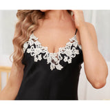 Women Floral Lace Silk Nightgown V Neck Pure Silk Slip Dress Black XS