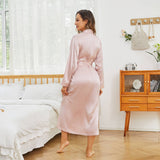 Women Long Silk Robes 100% Mulberry Pure Silk Bathrobe Rosy Pink XS