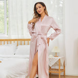 Women Long Silk Robes 100% Mulberry Pure Silk Bathrobe Rosy Pink XS