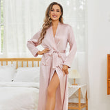 Women Long Silk Robes 100% Mulberry Pure Silk Bathrobe Rosy Pink XS
