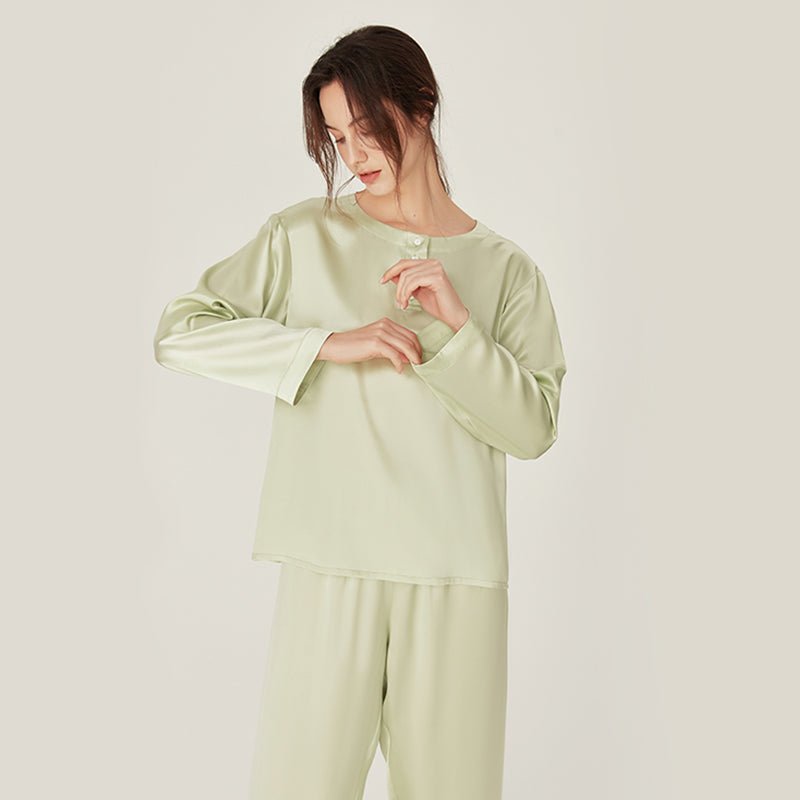 Women Loose Silk Sleepwear 100% Silk Pajama Set Light Green XS