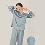 Women Loose Silk Sleepwear 100% Silk Pajama Set Haze Blue XS