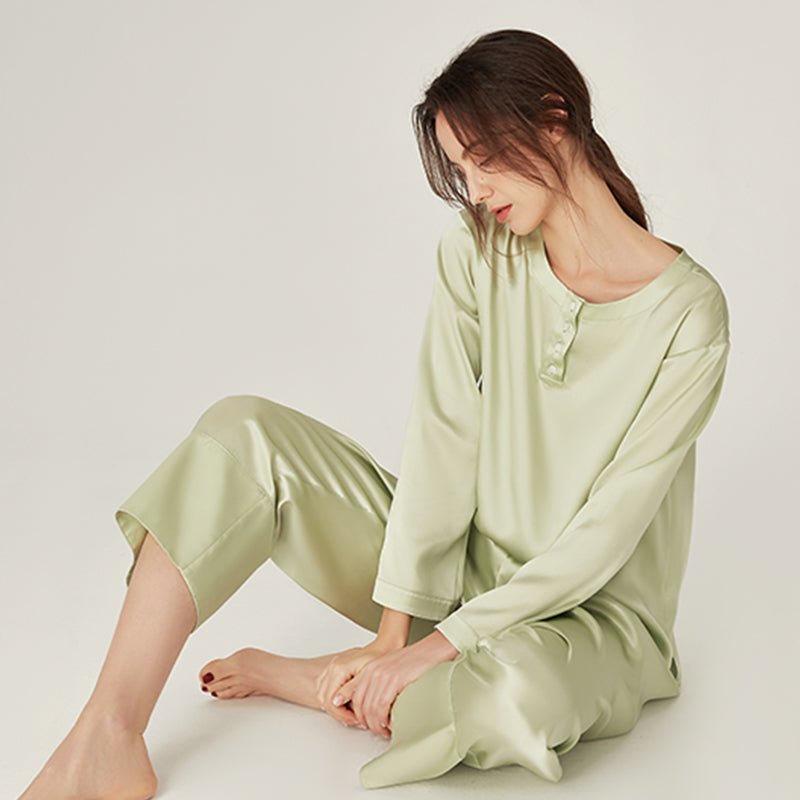 Women Loose Silk Sleepwear 100% Silk Pajama Set Light Green XS
