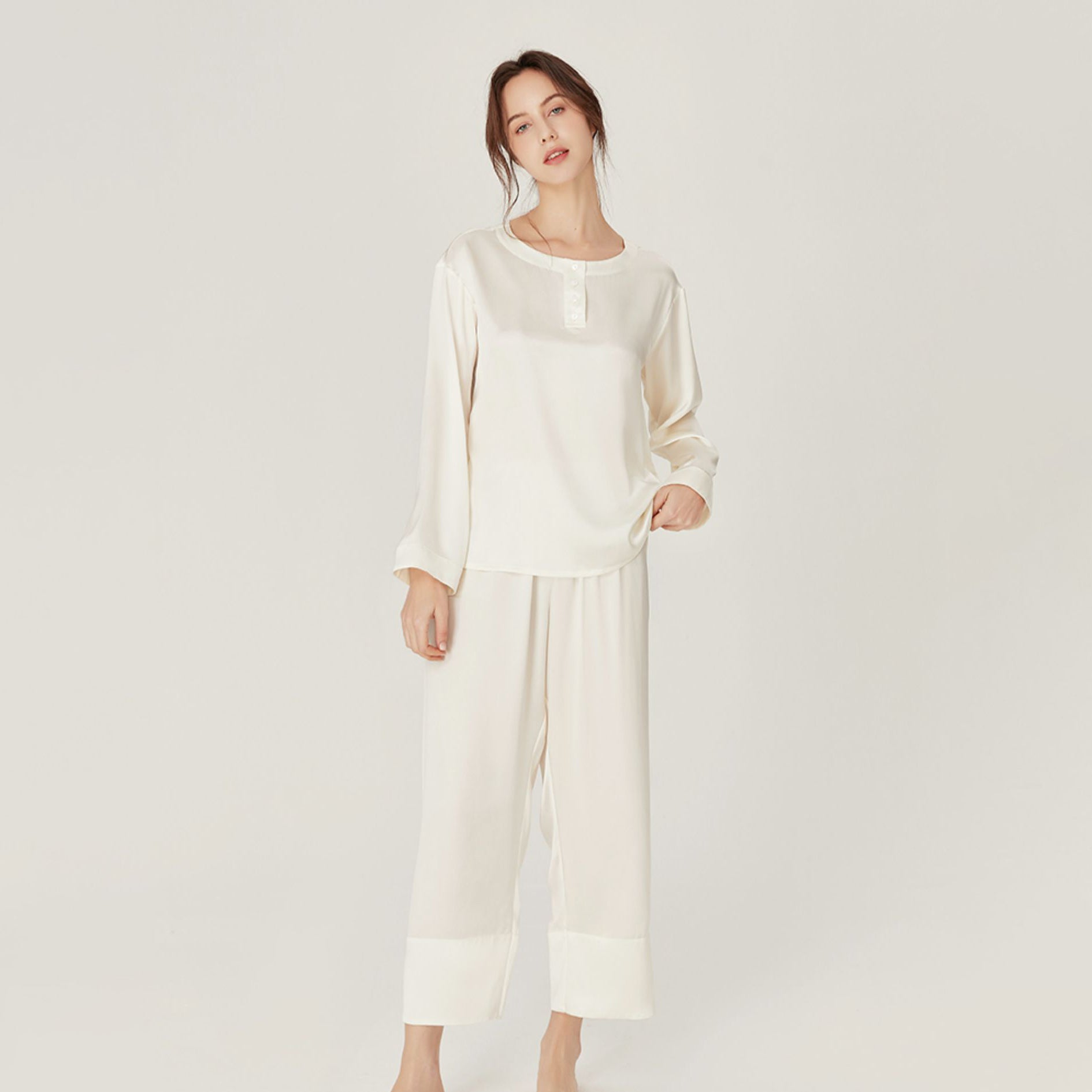 Women Loose Silk Sleepwear 100% Silk Pajama Set Ivory XS