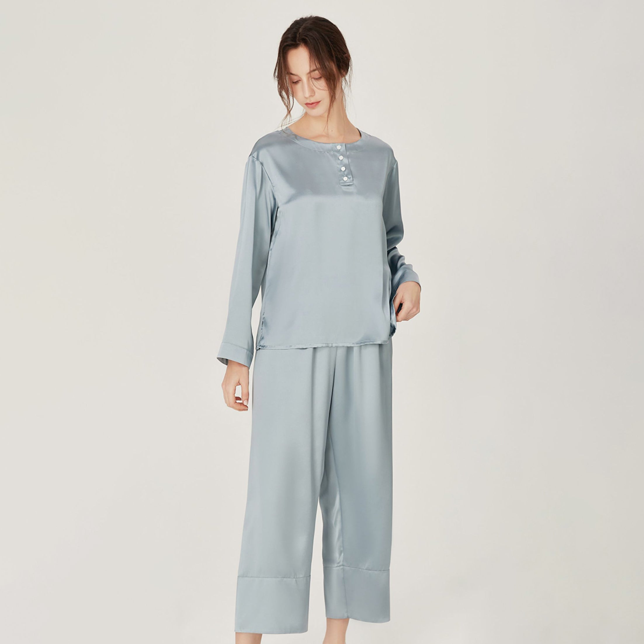 Women Loose Silk Sleepwear 100% Silk Pajama Set Haze Blue XS